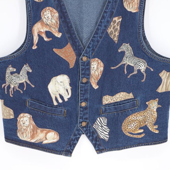 Upcycled Reworked Denim Vest Jacket Animal Safari Print Size XL - Picture 4 of 9
